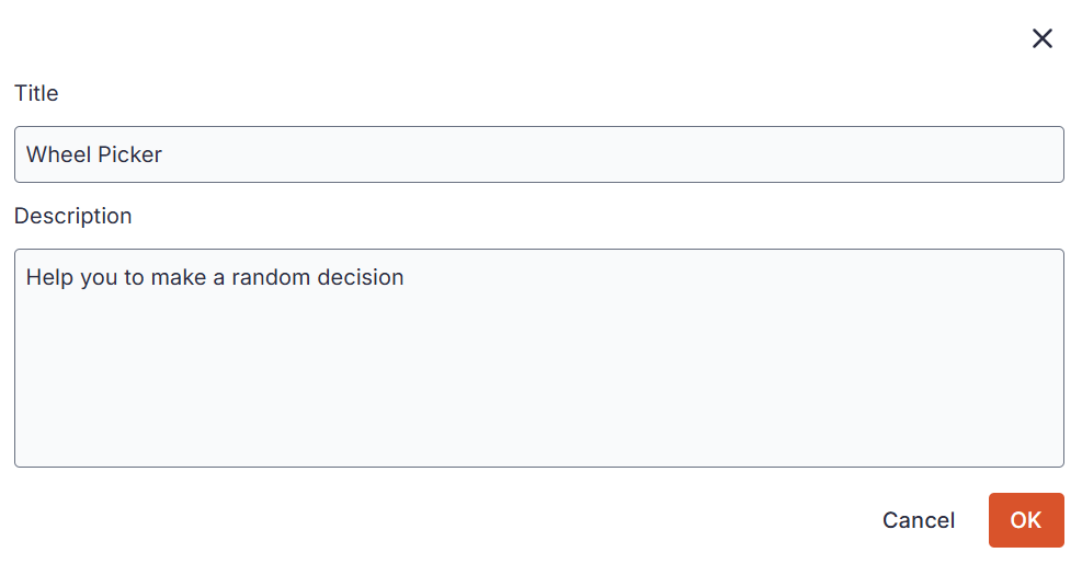 A pop-up modal with input fields for 'Title' and 'Description'.