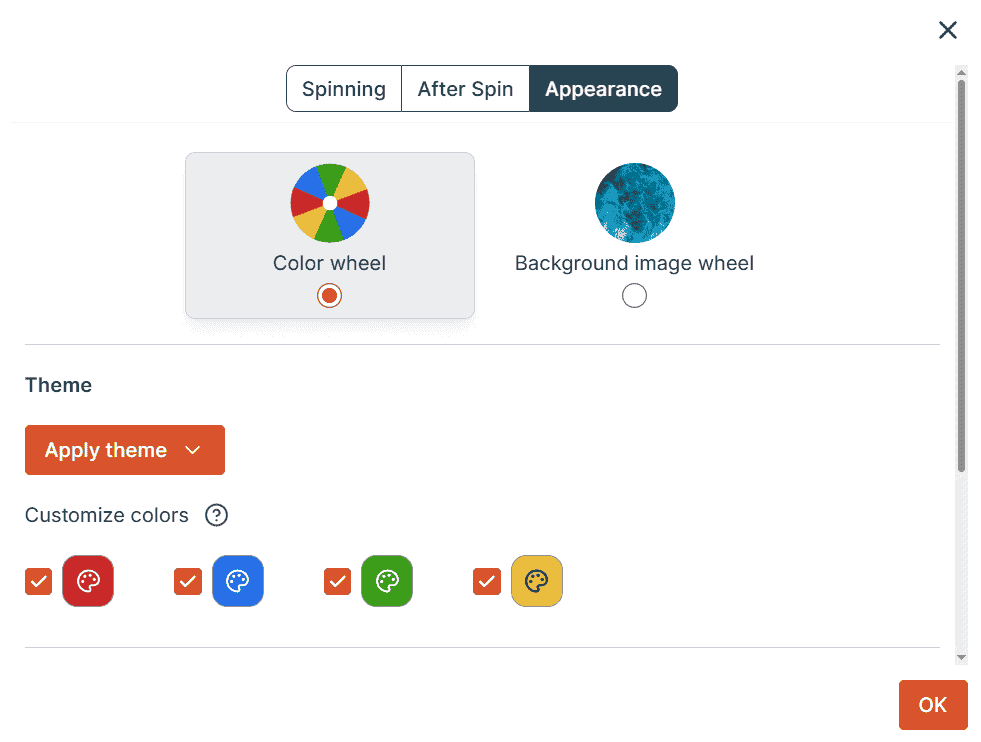 The Appearance settings tab in 'Color wheel' mode, showing theme and color customization options.