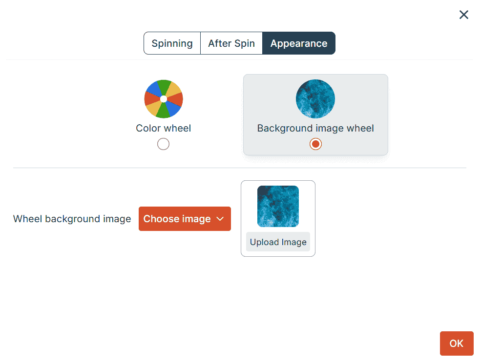 The Appearance settings tab in 'Background image wheel' mode, showing image upload options.