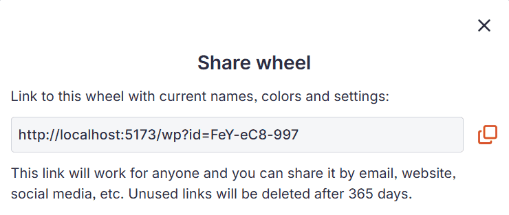 The 'Share wheel' pop-up showing a generated unique URL that can be copied.