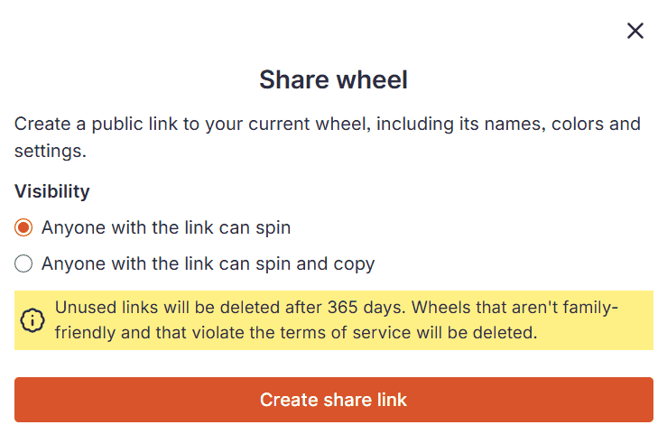 The 'Share wheel' pop-up with visibility options and a 'Create share link' button.